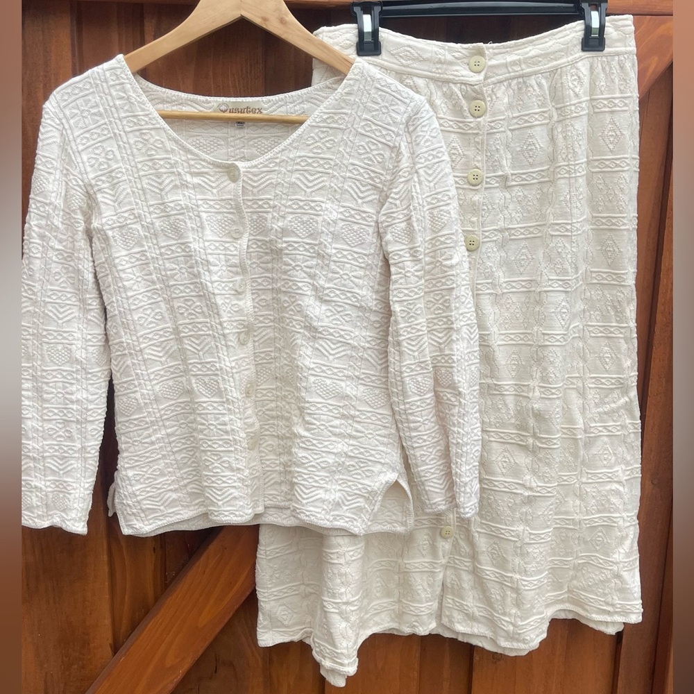 100% Peruvian Cotton Inka Yusutex Cardigan Skirt set Handmade Vtg boho knit L